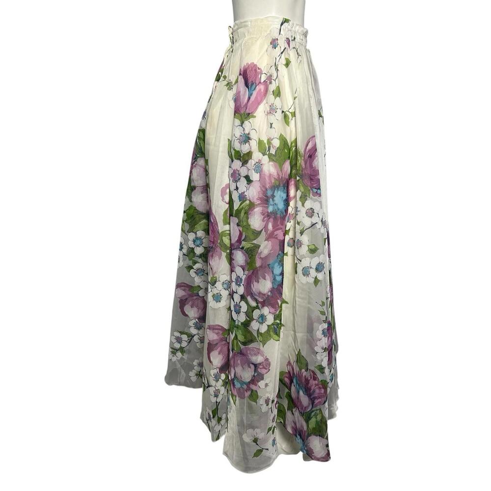 Vintage 70s Romantic Floral Maxi Skirt Pink Purple Sheer Overlay Small - Picture 3 of 5